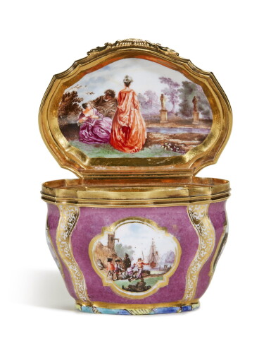 View full screen - View 1 of Lot 220. A Meissen gold-mounted purple-ground snuff-box, Circa 1735.