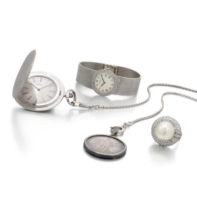 View full screen - View 1 of Lot 79. Cultured pearl and diamond ring, white gold wristwatch and pocket watch, Piaget | Anello con perla coltivata e diamanti, orologio da polso e orologio da tasca, Piaget.