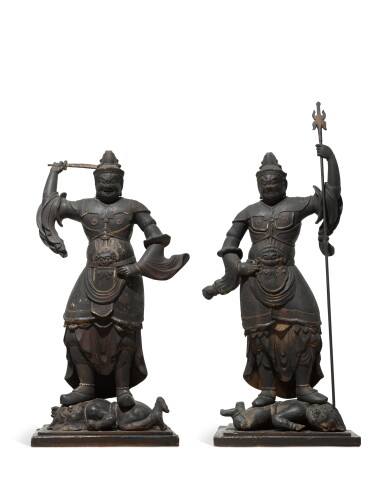 View full screen - View 1 of Lot 2100. Two wood sculptures of Jikokuten and Zochoten, Heian period, 10th – 11th century | 木造二天王立像( 持国天・ 増長天)平安時代中期 10~11世紀.