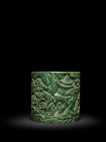 A spinach-green jade 'landscape' brushpot, Qing dynasty, Qianlong period | 清乾隆 碧玉雕福祿壽三星圖筆筒