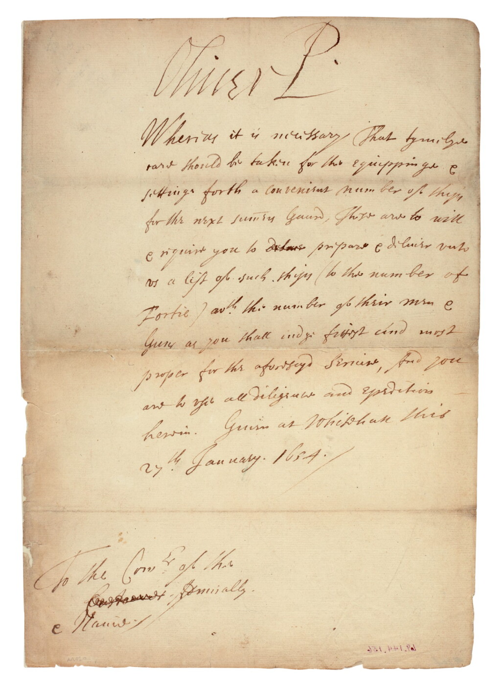 View full screen - View 1 of Lot 30. CROMWELL | letter signed, addressed to the Commissioners of Admiralty and Navy, 1654/55.