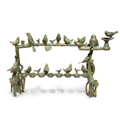 View full screen - View 1 of Lot 131. A "BIRD ON A WIRE" ISRAELI BRONZE HANUKAH LAMP, ILANA GOOR, LATER 20TH CENTURY.