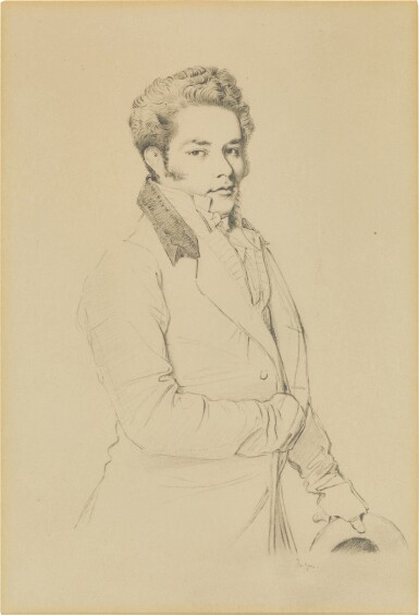 View full screen - View 1 of Lot 83. Portrait of a gentleman, half length, standing, holding his hat in his left hand, after Ingres' 1812 portrait.