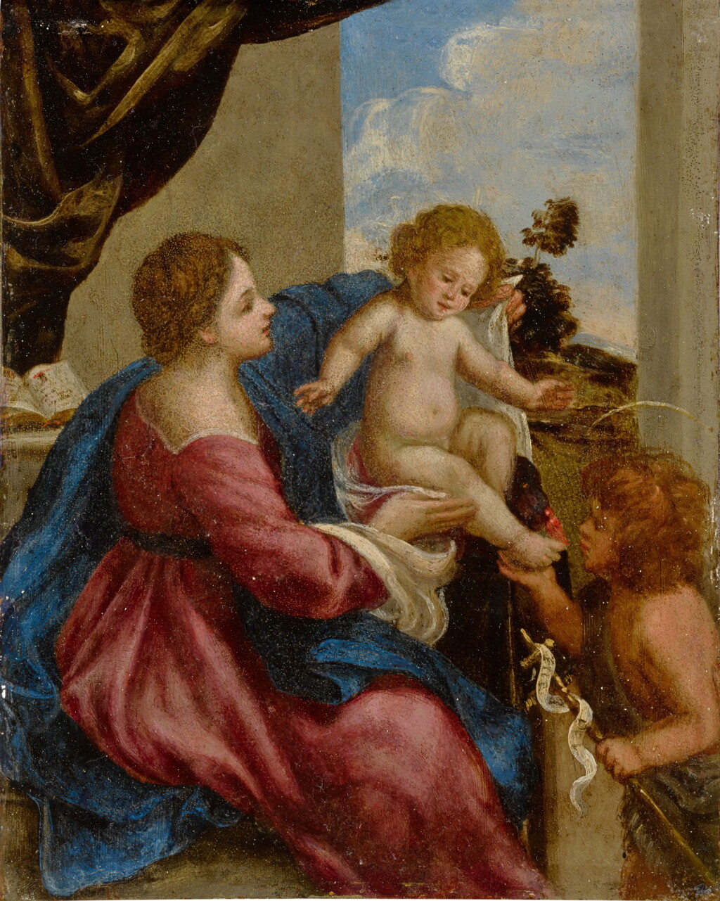 View full screen - View 1 of Lot 406. The Madonna and Child at a table with the Infant Saint John the Baptist and a landscape beyond.