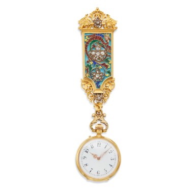 View full screen - View 1 of Lot 58. Gold, Silver, Diamond and Enamel Pendant-Watch.