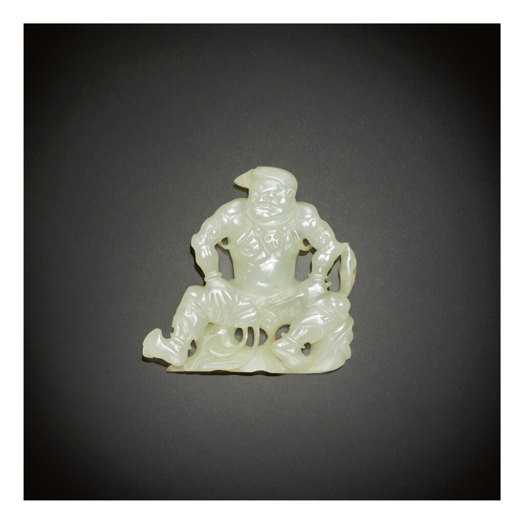 View full screen - View 1 of Lot 222. AN EXCEEDINGLY RARE WHITE JADE 'GUARDIAN' PLAQUE, YUAN DYNASTY.
