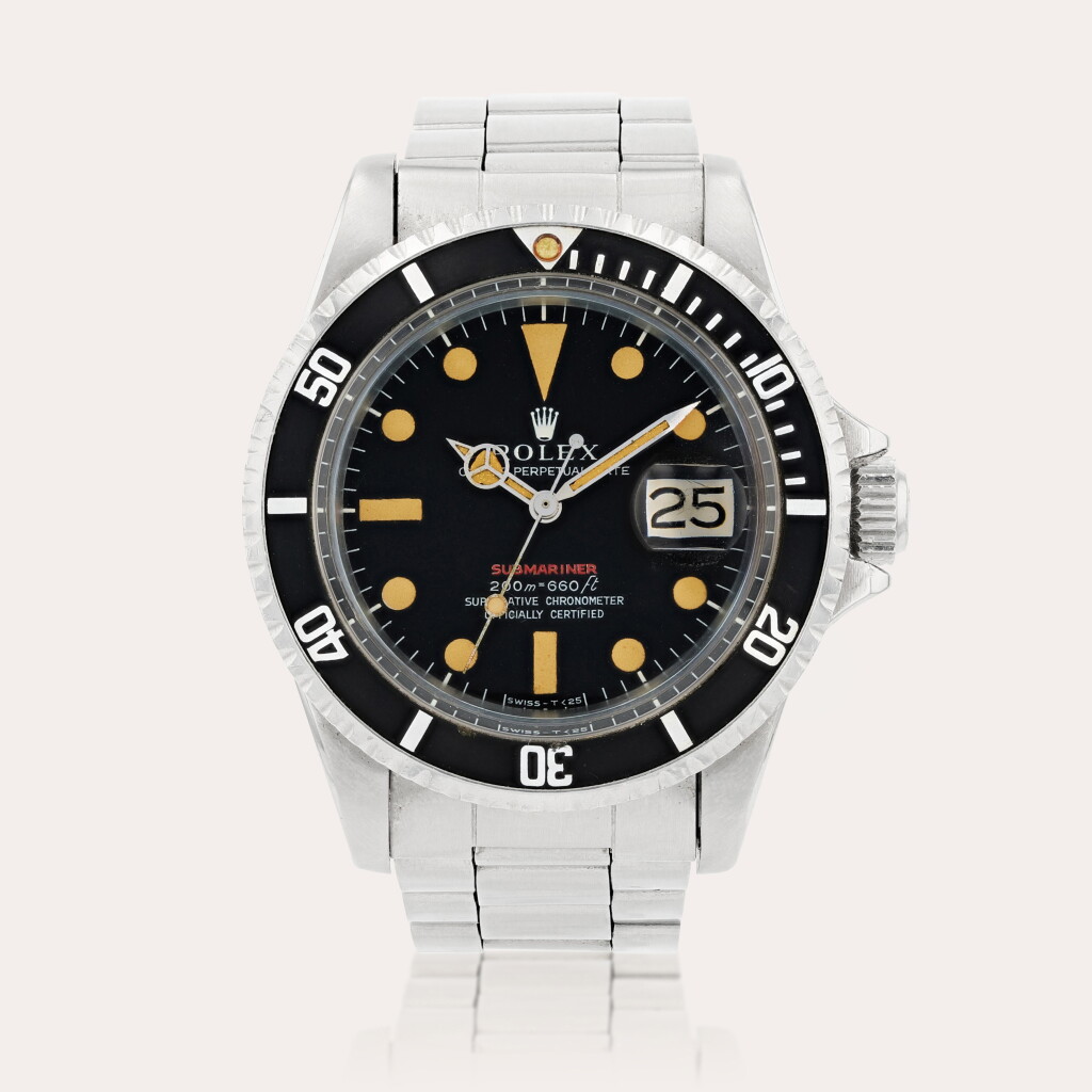 View full screen - View 1 of Lot 381. Submariner, 'Red meters first pumpkin' reference 1680 Montre bracelet en acier avec date | Stainless steel wristwatch with date and bracelet Vers 1969 | Circa 1969.