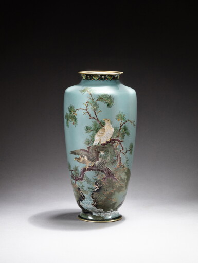 View full screen - View 1 of Lot 246. A 'eagles on pine' cloisonné enamel vase, Japan, Meiji period | 日本 明治 掐絲琺琅蒼松老鷹圖瓶 .