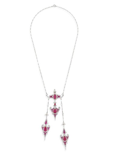 View full screen - View 1 of Lot 15. Collier rubis et diamants | Ruby and diamond necklace.