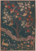 Deer, birds and flowering trees, India, Mughal, probably Fatehpur Sikri, circa 1570