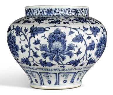 View full screen - View 1 of Lot 138. A LARGE BLUE AND WHITE 'PEONY' JAR YUAN DYNASTY | 元 青花纏枝牡丹紋罐.