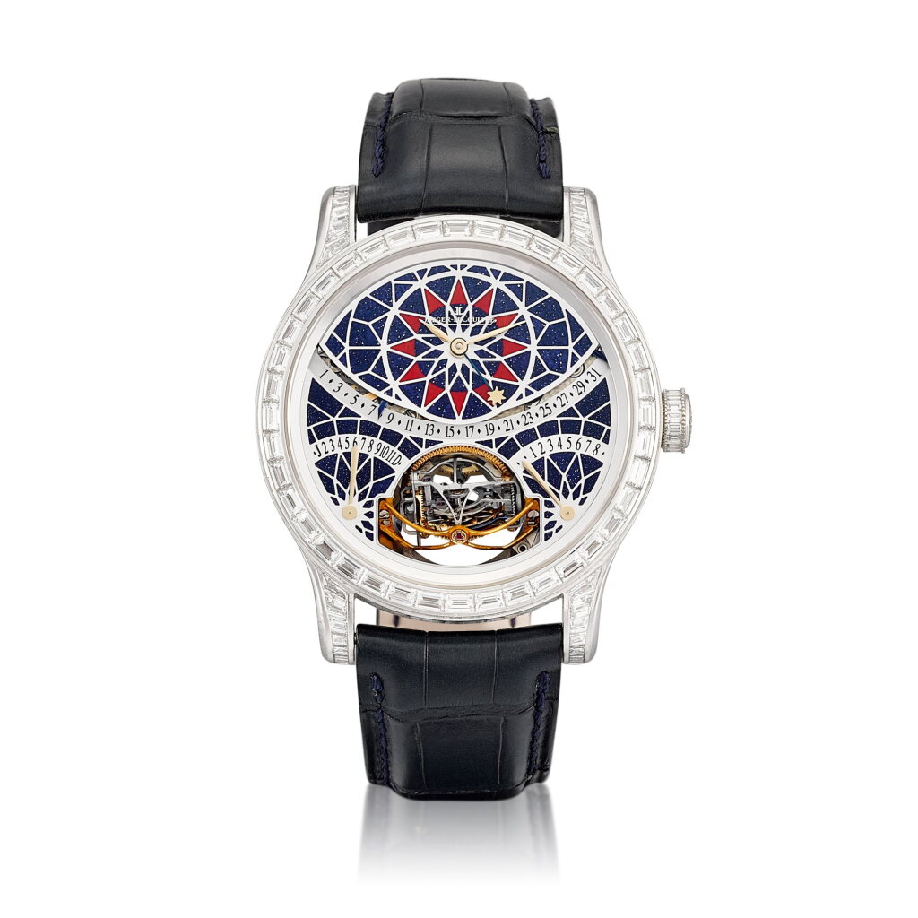 View full screen - View 1 of Lot 2321. Master Gyrotourbillon 1, Reference 600.64.06 | A limited edition platinum and diamond-set semi-skeletonised perpetual calendar multi-axis spherical tourbillon wristwatch with 8 days power reserve, equation of time, retrograde date, month, leap year indication and aventurine dial, Circa 2017 | 積家 | Master Gyrotourbillon 1 型號600.64.06 | 限量版鉑金鑲鑽石半鏤空萬年曆多軸球形陀飛輪腕錶,備8天動力儲備、時間等式、逆跳日期、月份、閏年顯示及砂金石錶盤,約2017年製 .