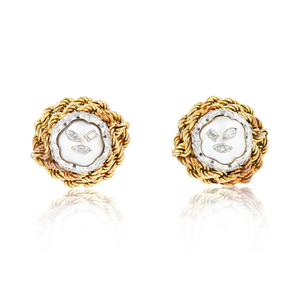 View full screen - View 1 of Lot 262. Pair of cultured pearl and diamond ear clips | Paire de clips d'oreille perles de culture et diamants.