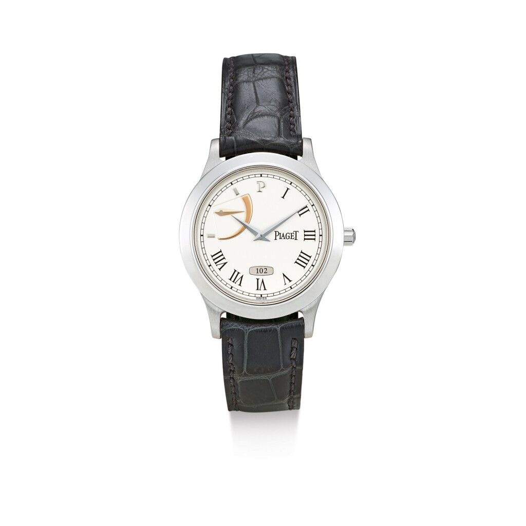 View full screen - View 1 of Lot 379. PIAGET | A LIMITED EDITION PLATINUM WRISTWATCH WITH POWER RESERVE INDICATION, MADE TO COMMEMORATE THE 120TH ANNIVERSARY OF PIAGET, CIRCA 1997.