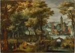 Figures picknicking and promenading in a river landscape, a castle beyond