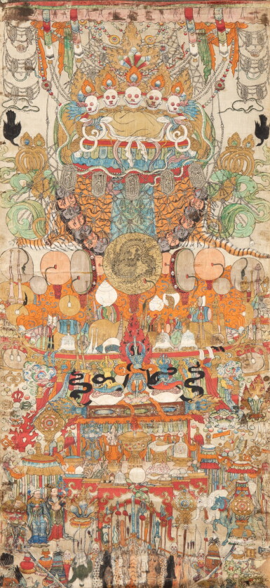 View full screen - View 1 of Lot 14. A rare silk thangka depicting an assembly of emblems, Tibet, circa 18th century | 西藏 約十八世紀 法器唐卡 絹本設色 .