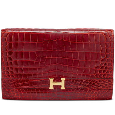 View full screen - View 1 of Lot 1216. Rouge Vif Shiny Caiman Crocodile Lydie Gold Hardware, 1988.