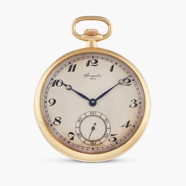 View full screen - View 1 of Lot 422. A yellow gold open-faced keyless watch with Breguet numerals, No. 459, Circa 1930.