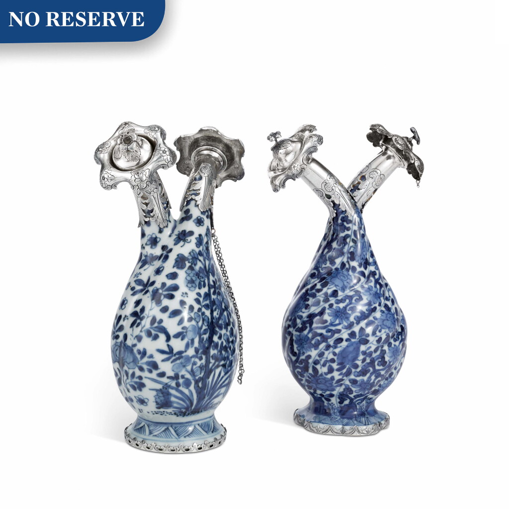 View full screen - View 1 of Lot 28. TWO CHINESE BLUE AND WHITE PORCELAIN DOUBLE FLASKS WITH SILVER MOUNTS, THE PORCELAIN EARLY 18TH CENTURY; THE SILVER DUTCH, MID 19TH CENTURY.