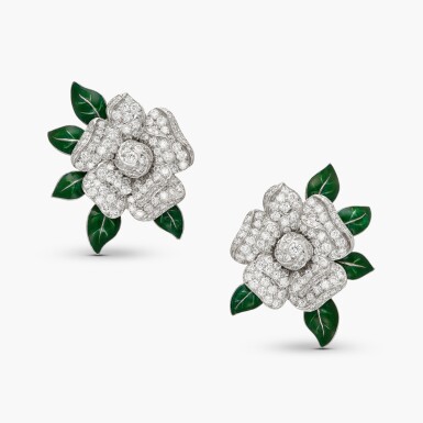 View full screen - View 1 of Lot 63. Pair of Diamond and Enamel Earclips 鑽石 配 琺瑯彩 耳夾一對.