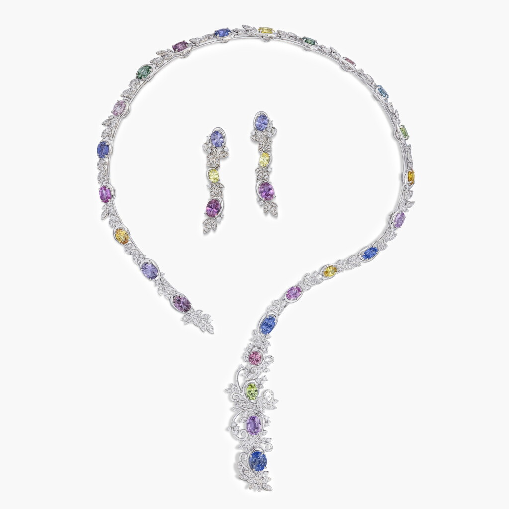 View full screen - View 1 of Lot 1520. Coloured Sapphire, Sapphire and Diamond Demi-Parure | 彩色剛玉 及 藍寶石 配 鑽石 項鏈 及 耳環 套裝.