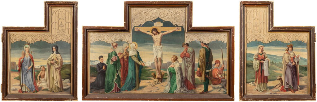 View full screen - View 1 of Lot 70. Jesus on the Cross; St Louis and St Veronique; St Barbara and Saint Teresa of Avila; Angels | Jésus sur la Croix ; Saint Louis et sainte Véronique ; Sainte Barbe et Sainte Thérèse d’Avila ; Anges.