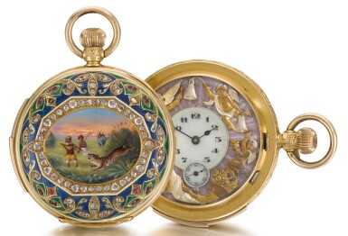 View full screen - View 1 of Lot 230. ATTRIBUTED TO WEST END WATCH CO. | A GOLD, ENAMEL, DIAMOND AND RUBY-SET HALF-HUNTING CASED MINUTE REPEATING AUTOMATON WATCH MADE FOR THE INDIAN MARKET | CIRCA 1910.