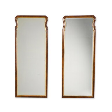 View full screen - View 1 of Lot 3. A pair of George I style walnut and parcel-gilt pier mirrors, circa 1910.