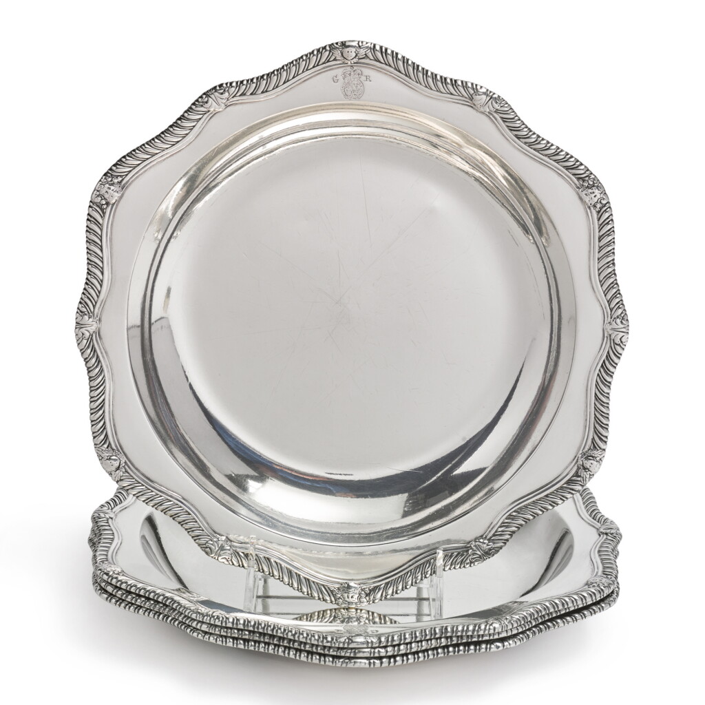 View full screen - View 1 of Lot 215. A SET OF FOUR GEORGE II SILVER SERVING DISHES WITH ROYAL ARMS, PAUL CRESPIN, LONDON, 1727.