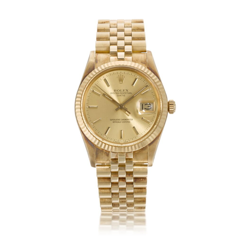 View full screen - View 1 of Lot 702. REFERENCE 15017, DATE YELLOW GOLD AUTOMATIC WRISTWATCH WITH DATE AND BRACELET CIRCA 1982.