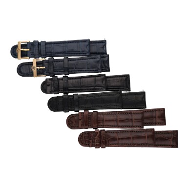 View full screen - View 1 of Lot 430. A group of six straps and two pink gold buckles.