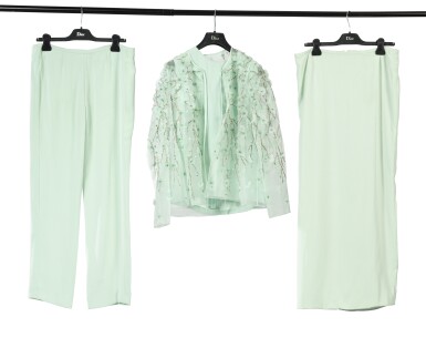 View full screen - View 1 of Lot 246. Sea green silk haute couture ensemble: bodice, skirt, pants, and jacket in embroidered organza and Dior bag by John Galliano.