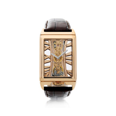 View full screen - View 1 of Lot 305. CORUM | REFERENCE 113.050.55 GOLDEN BRIDGE A PINK GOLD SKELETONIZED RECTANGULAR SHAPED WRISTWATCH, CIRCA 2010.
