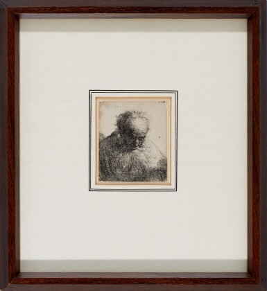 View full screen - View 1 of Lot 554. Bust of an Old Man with a Flowing Beard: the Head Bowed Forward: Left Shoulder Unshaded (B., Holl. 325; New Holl. 64).