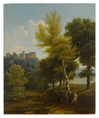 View full screen - View 1 of Lot 641. View of a brook in the countryside, a castle in the hillside above, with Pâris and Oenone in the foreground.