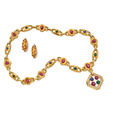 View full screen - View 1 of Lot 22. Gold Ruby, Emerald, and Sapphire Sautoir and Pair of Earclips.
