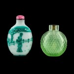 A green-overlay glass 'lady' snuff bottle and a green glass 'basketweave' snuff bottle, Qing dynasty, 19th century | 清十九世紀 涅白地套綠料庭院仕女圖鼻煙壺 及 綠料柳編紋鼻煙壺一組兩件