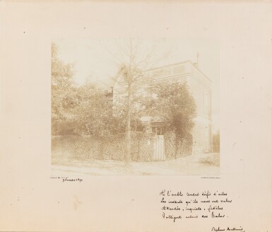 View full screen - View 1 of Lot 134. Quatrain autographe à Mery Laurent (nov. 1890), sous la photo de sa maison qui allait être détruite..