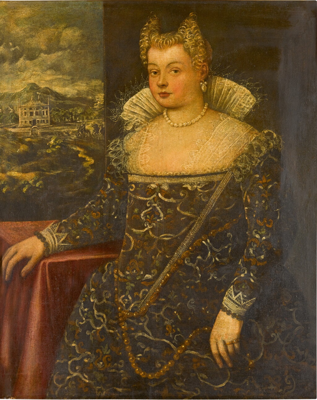 View full screen - View 1 of Lot 17. Portrait of a lady, traditionally identified as Rita Bellesi, three-quarter length, wearing elaborate Venetian dress, standing beside a table, a villa beyond.