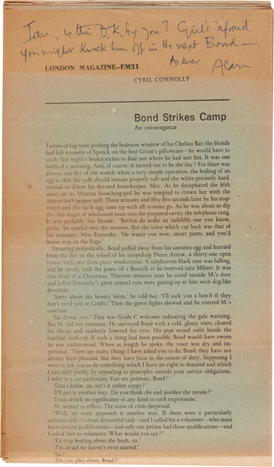 View full screen - View 1 of Lot 113. Cyril Connolly | Bond Strikes Camp, publisher's galley sheets, 1963, Ian Fleming's copy.