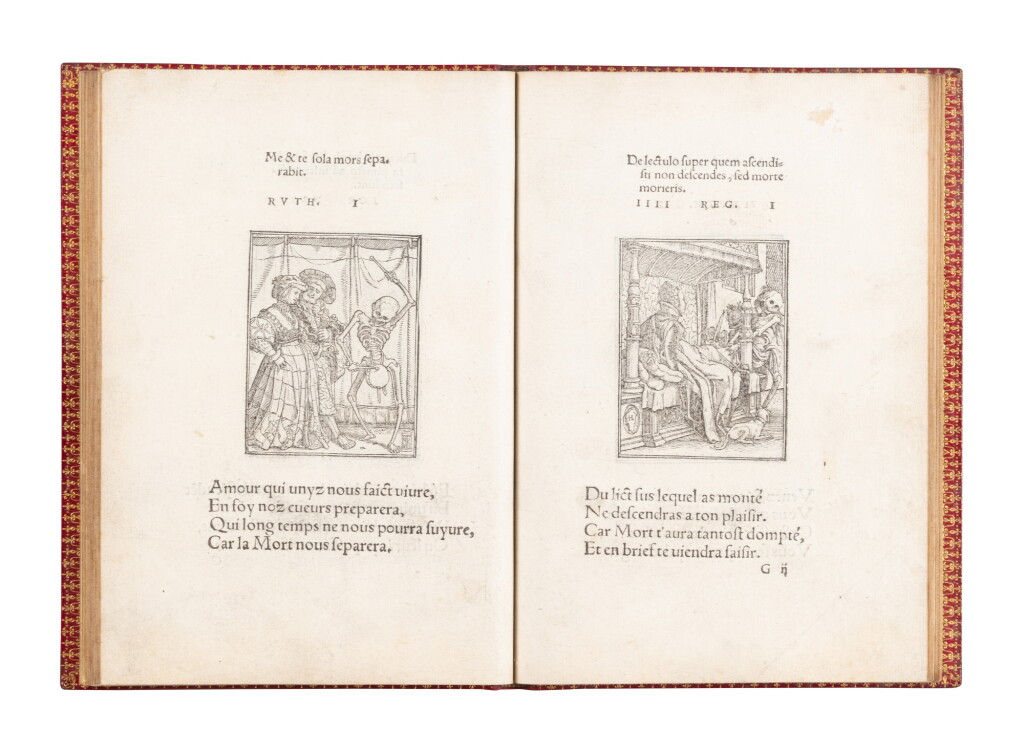 View full screen - View 1 of Lot 10. Les Simulachres & historiees... Lyon, 1538. Petit in-4. Rel. de Capé. 41 fig. gravées d'après Holbein..