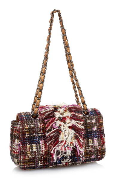 View full screen - View 1 of Lot 11. MULTICOLOR TWEED, SEQUIN AND LEATHER WITH DARK SILVER-TONE METAL CLASSIC SHOULDER BAG, CHANEL.