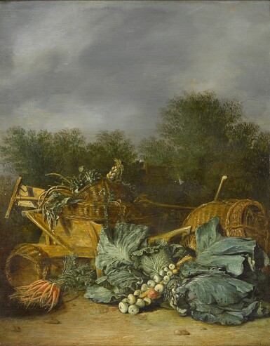 View full screen - View 1 of Lot 43. HAARLEM SCHOOL, CIRCA 1650 | STILL LIFE WITH CARROTS, CABBAGE AND ONIONS, WITH ARTICHOKES, PARSLEY AND ONIONS IN BASKETS ON A WHEELBARROW.