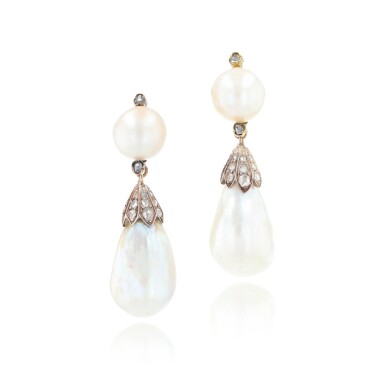 View full screen - View 1 of Lot 339. Pair of natural pearl and diamond earrings, second half of the 19th century and later | 天然珍珠及鑽石耳環一對,19世紀下半葉及以後.