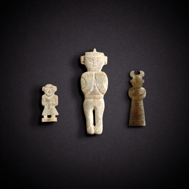 View full screen - View 1 of Lot 7863. Three jade figures, Neolithic period - Eastern Zhou dynasty, Warring States period | 新石器時代至東周戰國 玉人像三件.
