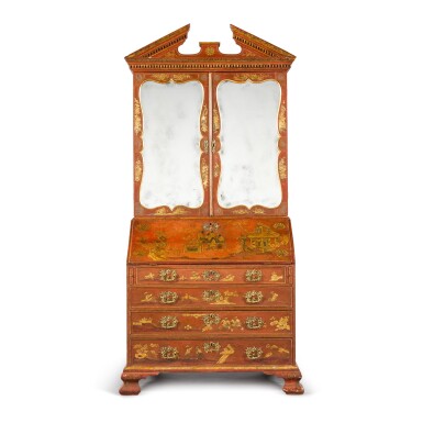 View full screen - View 1 of Lot 41. A George II scarlet and gilt japanned bureau cabinet, circa 1730, attributed to Giles Grendey.