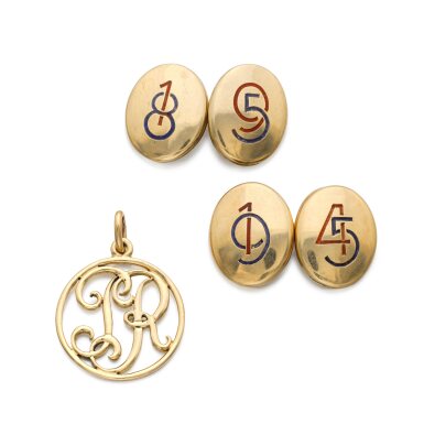 View full screen - View 1 of Lot 1135. Pair of enamel and gold cufflinks, Miller, circa 1945 and a gold pendant, circa 1928.