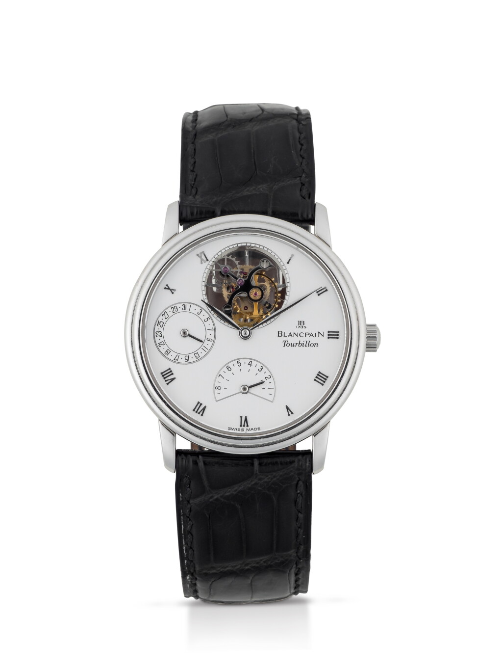 View full screen - View 1 of Lot 12. BLANCPAIN | VILLERET, REF 0023-3427.55 PLATINUM TOURBILLON WRISTWATCH WITH DATE AND POWER RESERVE INDICATION CIRCA 1997.