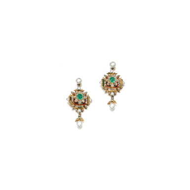 View full screen - View 1 of Lot 220. PAIR OF EMERALD, DIAMOND AND SEED PEARL EARRINGS, 1870S.