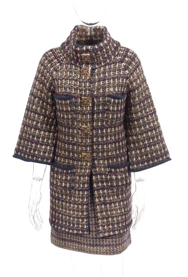 View full screen - View 1 of Lot 57. CHECKED PATTERN CACHEMIRE- AND WOOL- BLEND ENSEMBLE, CHANEL.